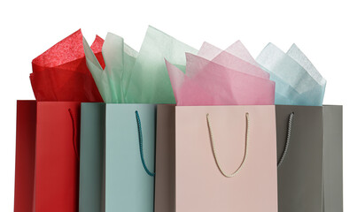 Gift bags with paper on white background