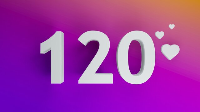 Number 120 in white on purple and orange gradient background, social media isolated number 3d render
