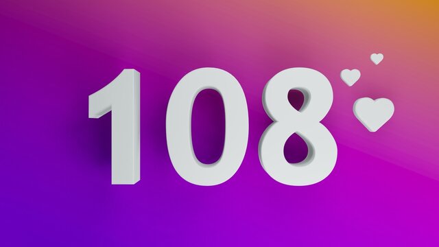 Number 108 in white on purple and orange gradient background, social media isolated number 3d render