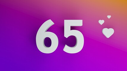 Number 65 in white on purple and orange gradient background, social media isolated number 3d render