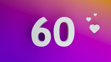 Number 60 in white on purple and orange gradient background, social media isolated number 3d render