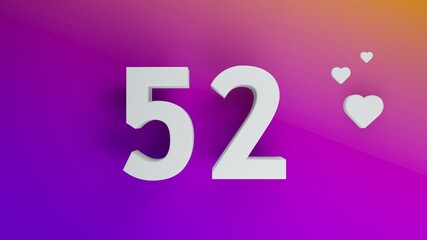 Number 52 in white on purple and orange gradient background, social media isolated number 3d render