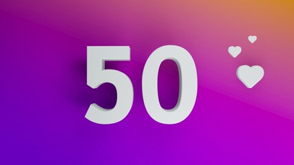 Number 50 in white on purple and orange gradient background, social media isolated number 3d render