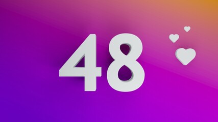 Number 48 in white on purple and orange gradient background, social media isolated number 3d render