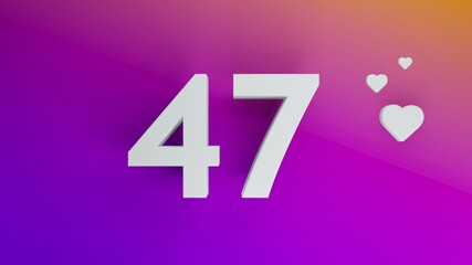 Number 47 in white on purple and orange gradient background, social media isolated number 3d render