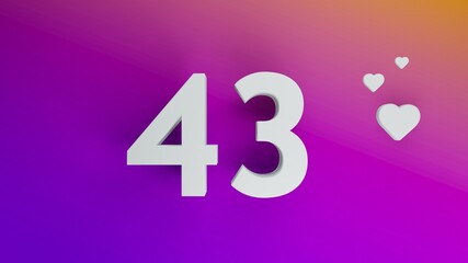 Number 43 in white on purple and orange gradient background, social media isolated number 3d render