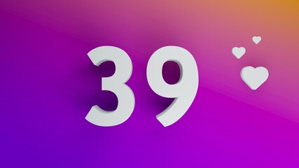 Number 39 in white on purple and orange gradient background, social media isolated number 3d render