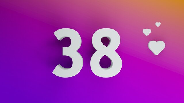 Number 38 in white on purple and orange gradient background, social media isolated number 3d render