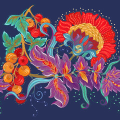 Seamless pattern with stylized ornamental flowers in retro, vintage style. Jacobin embroidery. Colored vector illustration isolated on white background.