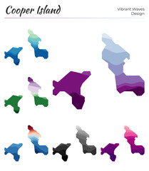 Set of vector maps of Cooper Island. Vibrant waves design. Bright map of island in geometric smooth curves style. Multicolored Cooper Island map for your design. Beautiful vector illustration.