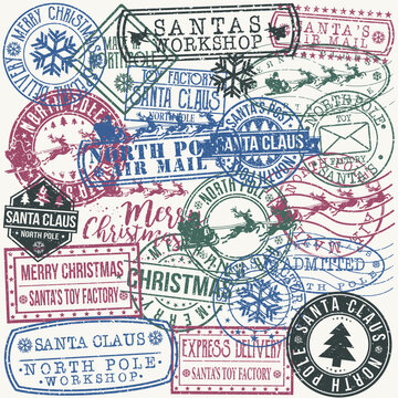 Santa Claus North Pole Stamp. Quality Original Seal Design Vector. Art Label Set.