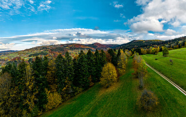 Obraz premium A drone rises above a multi-colored valley in the Vosges. Panoramic view.