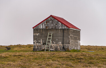 Stanley, Falkland Islands, UK - December 15, 2008: Closeup of Red-roofed gray barn standing on dry grassland against silver sky.