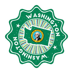 Fototapeta premium Washington round grunge stamp with US state map and state flag. Vintage badge with circular text and stars, vector illustration.