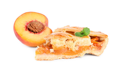 Slice of delicious peach pie and fresh fruit isolated on white