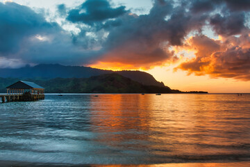 Very unusual fire and ice sunset at Hanalei Bay on Kaui.