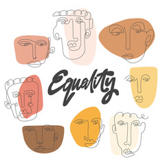 Equality. Hand drawn one line faces poster. Anti racism