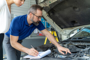 The mechanic doing engine checking with the customer observation nearby at the car auto service