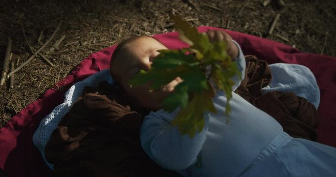 A little baby is lying on the ground in a forest and is playing with a leaf