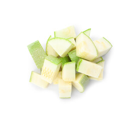Pieces of ripe zucchini on white background, top view