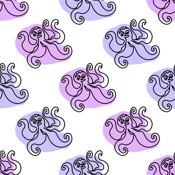 Purple octopus on white seamless background. Halloween party Hand drawn logo pattern for social media content