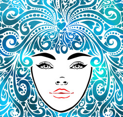 The stylized face of a beautiful girl full-face. Girl With Blue Hair. T-shirt printing. Mixed media. Vector illustration