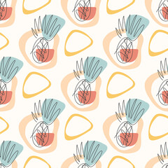 Tropical leaves pineapple seamless pattern. Hand drawn outline leaf background. Modern line art, aesthetic contour. Vector illustration, black and white design