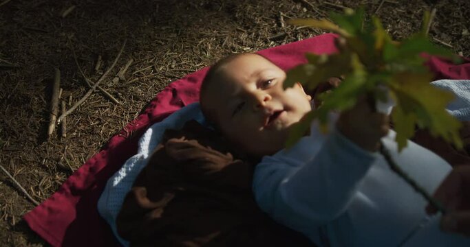 A little baby is lying on the ground in a forest and is playing with a leaf