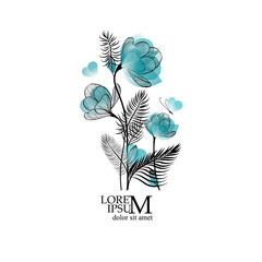 Delicate blue flowers with a butterfly. Vector illustration