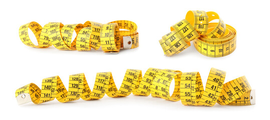 Set of yellow measuring tapes on white background. Banner design