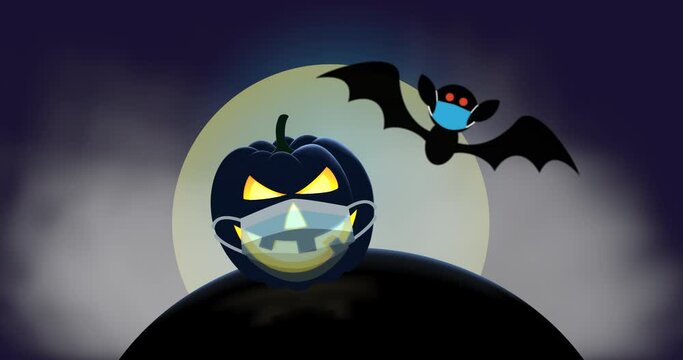 Halloween animation featuring a spooky Halloween Jack-o'-Lantern and bat wearing Covid surgical face masks for protection against the pandemic
