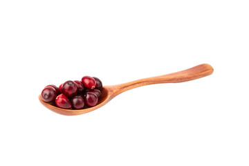 Cranberries in wooden spoon isolated on white background