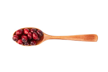 Cranberries in wooden spoon isolated on white background