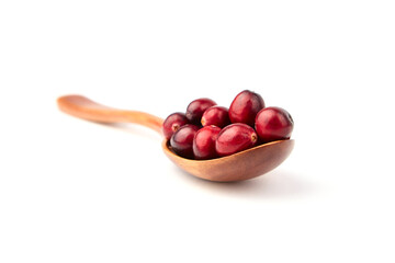 Cranberries in wooden spoon isolated on white background