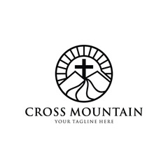 Church logo. Mountain, sun, cross. logo design vector template on a white background.