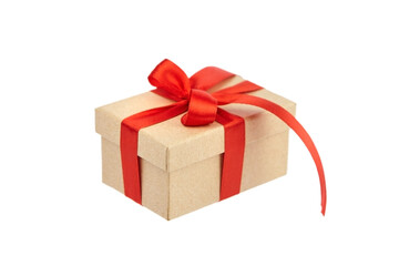 Gift box with red ribbon bow isolated on white background