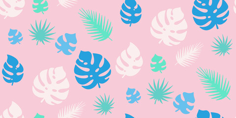 Fototapeta na wymiar Summer leaves tropical seamless pattern. Exotic wallpaper, cartoon leaves. Monstera, palm and exotic forest. Hawaiian flat plants jungle pink background. Vector illustration