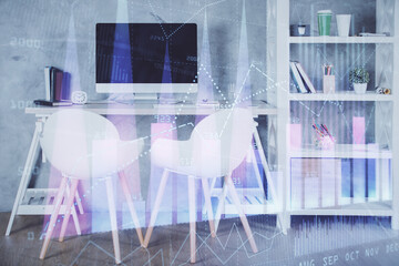 Multi exposure of stock market chart drawing and office interior background. Concept of financial analysis.