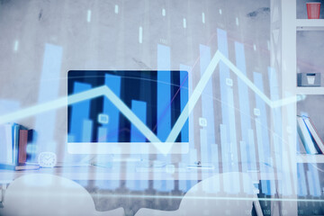 Multi exposure of stock market chart drawing and office interior background. Concept of financial analysis.