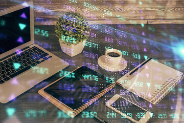 Obraz premium Double exposure of financial graph drawing and cell phone background. Concept of forex trading