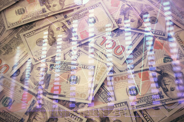 Multi exposure of forex chart drawing over us dollars bill background. Concept of financial success markets.