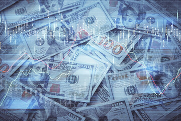 Double exposure of forex graph drawing over us dollars bill background. Concept of financial markets.
