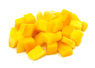 Tropical sliced mango close-up, isolated on white. Vitamin rich healthy fruit food, nice yellow...