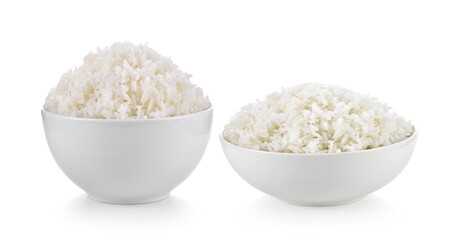Rice in white cup on white background