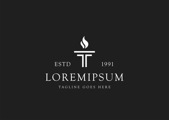 Minimalist burning Torch Fire Flame with Pillar column logo design Inspiration450-475