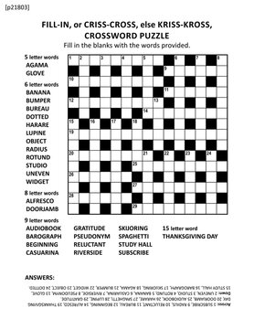 Large print quick style criss-coss (or fill-in, else kriss-kross) crossword  puzzle game of 15x15 grid. Non-themed, general knowledge family friendly  content. Answer included. Stock Vector | Adobe Stock