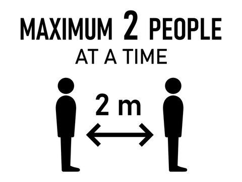 Maximum 2 People at a Time and Keep a Safe Distance of 2 m or 2 Metres Warning Sign. Vector Image.