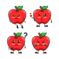 vector illustration of cute apple fruit character tire, kiss love, cry and confused question expression. apple cute cartoon character set collection cute expression theme.