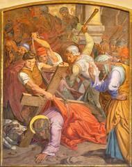 Fototapeta na wymiar VIENNA, AUSTIRA - OCTOBER 22, 2020: The fresco Fall of Jesus undwer the cross as part of Cross way station in the church of St. John the Nepomuk by Josef Furlich (1844 - 1846).