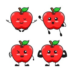 vector illustration of cute apple fruit character yoga, spirit, okay and fitness pose. apple cute cartoon character set collection fitness and sport.